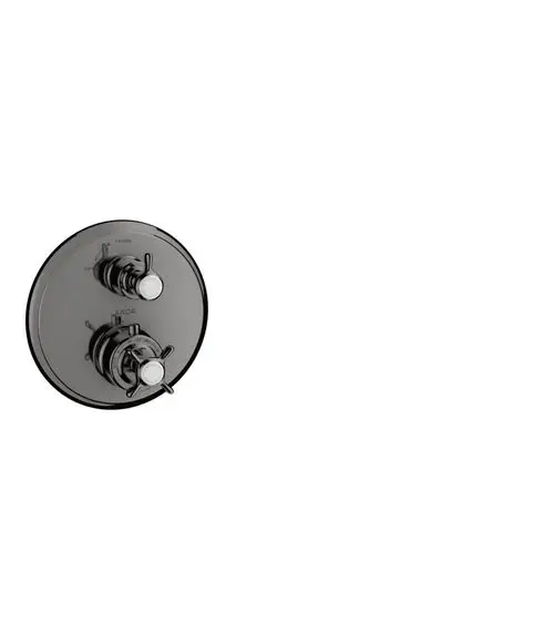 Thermostat-Wanne mit zwei Kreuzgriffen und Absperrventil in Polished Black Chrome. Produkt von AXOR, montiert auf einer runden Platte.